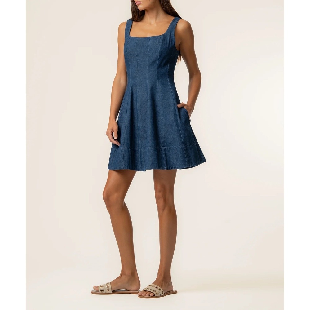 KUT Amelie Denim Dress, Square Neck Fit and Flare Mini Dress with Pockets - Picture 2 of 9